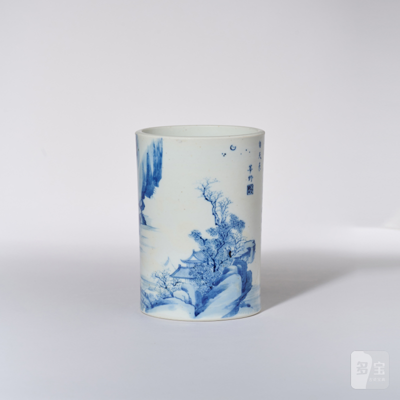 清康熙 青花平湖秋月诗文笔筒 - 图4